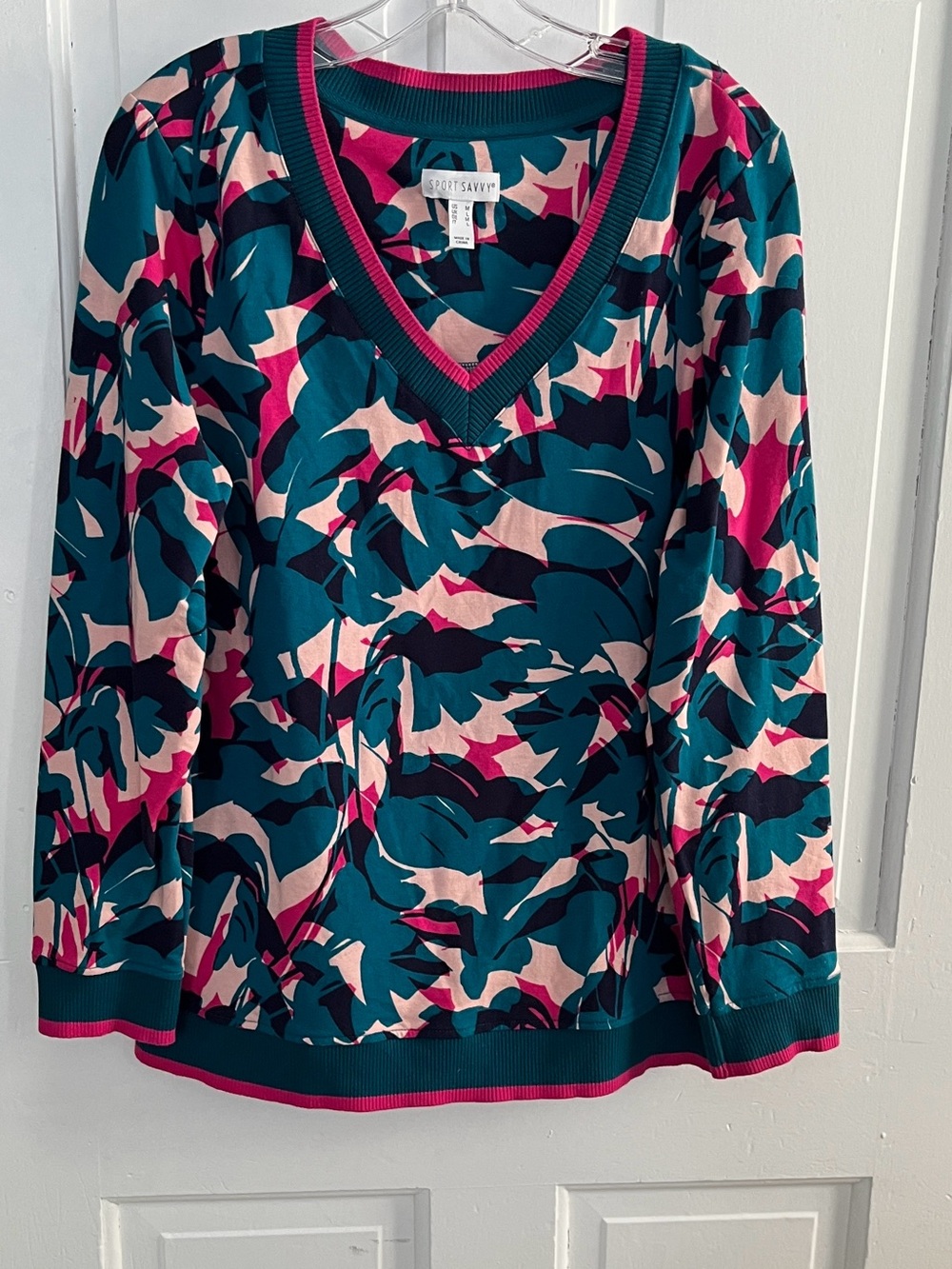 Sport Savvy Sweatshirt V Neckline Long Sleeves Teal Pink M